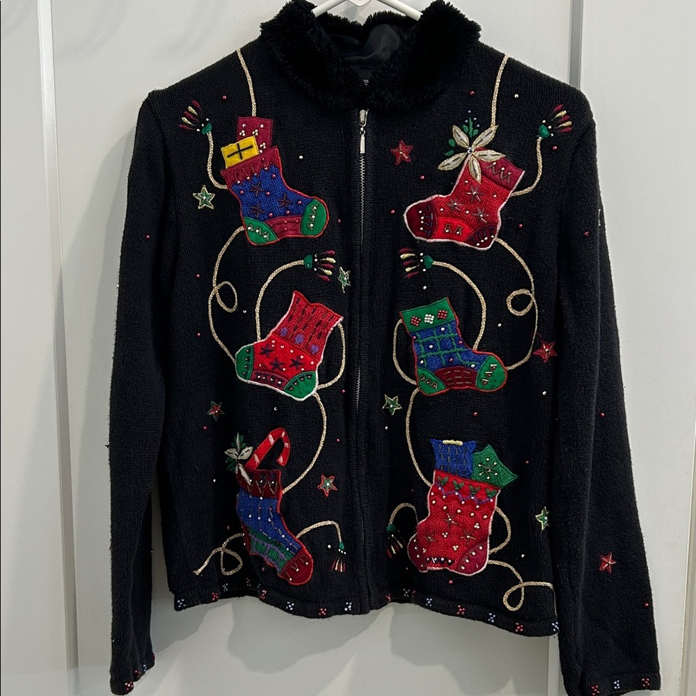 Vintage Hampshire Studio Embroidered  & Beaded Christmas Full Zip Sweater |Small